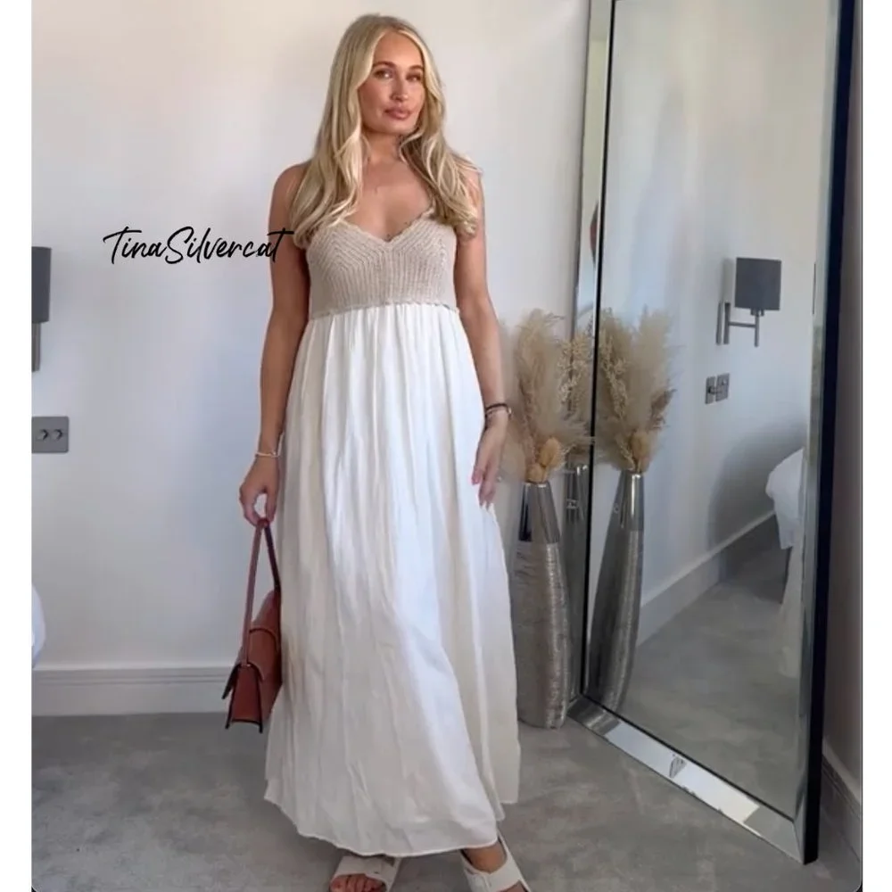 Zara Crochet Midi Dress Cream White Sz S NWT